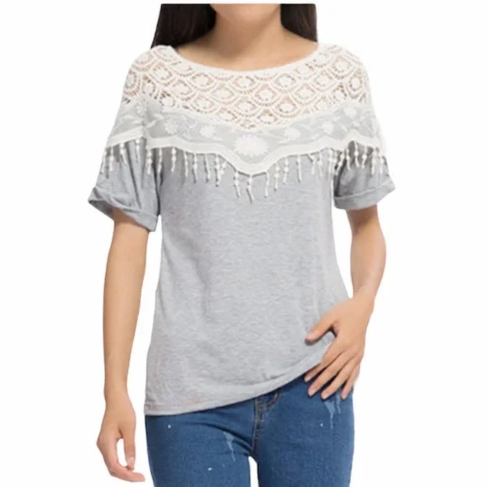 Gray Lace Fringe Top